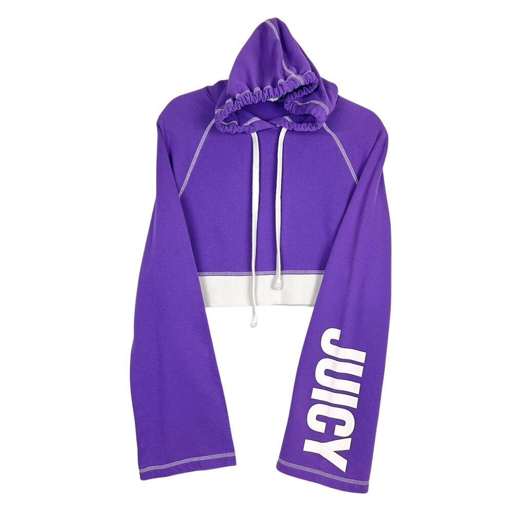 Y2K Juicy Couture S Purple OVERSIZED Cropped Spellout Fleece Hoodie Sweatshirt